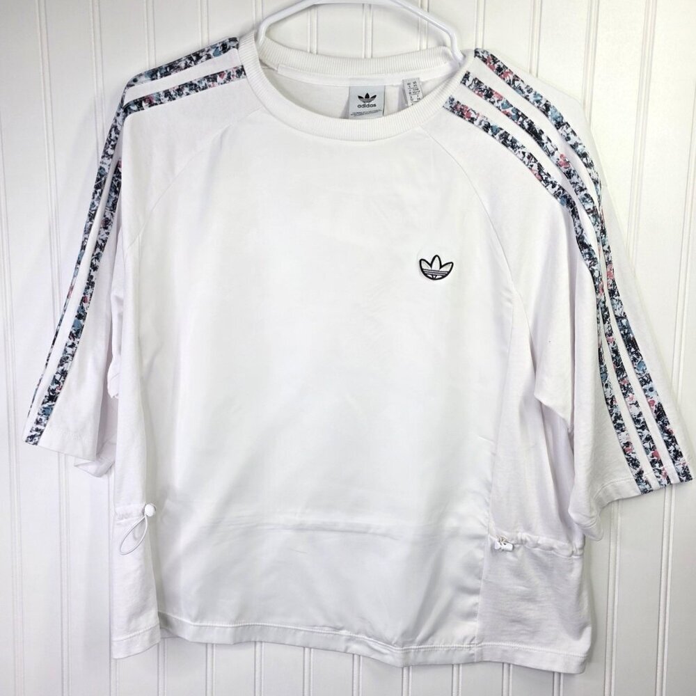 Adidas Originals Shirt Women XS White 3 Stripe Floral Relaxed Fit Tee Athleisure
